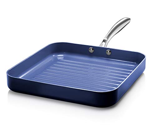 Granitestone Blue Nonstick 10.5” Grilling Pan, Diamond Infused, Metal Utensil Sear Ridges for Grease Draining, Stay Cool Stainless-Steel Handle Oven & Dishwasher Safe, 100% PFOA Free