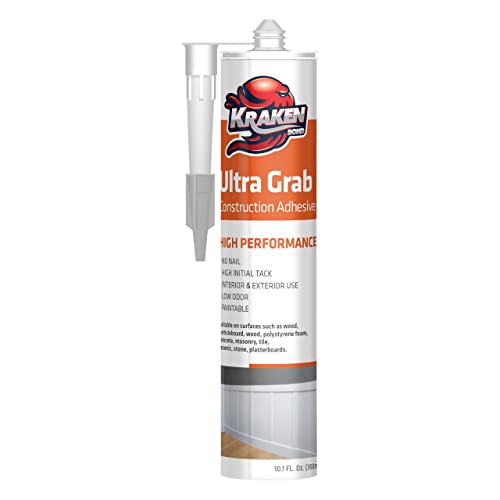Kraken Bond Ultra Grab Construction Adhesive - Acrylic Sealant for Concrete, Tile, Glass, Granite & Wood, Instant Grab Adhesive for DIY& Construction | 1 Pack, 10.1 Fl. Oz