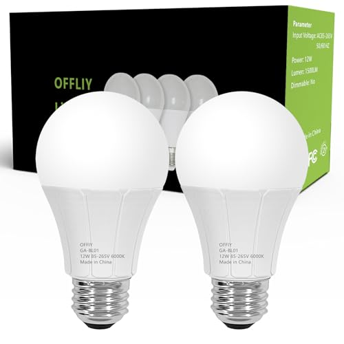 OFFIY Garage Door Opener Light Bulbs, 1500LM High Brightness,Minimize Interference LED Light Bulbs for Garage Door Opener, 12W LED, E26 Base, 6000K Bright White Light, Pack of 2