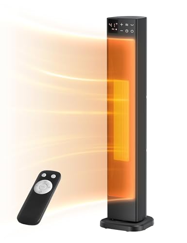 PELONIS 30” Ceramic Tower Space Heater with Adjustable Thermostat for Large Room, 75° Oscillation, Remote Control & 12H Timer, Tip-Over Switch & Overheating Protection, 1500W, PHF15RSAPH30, Black