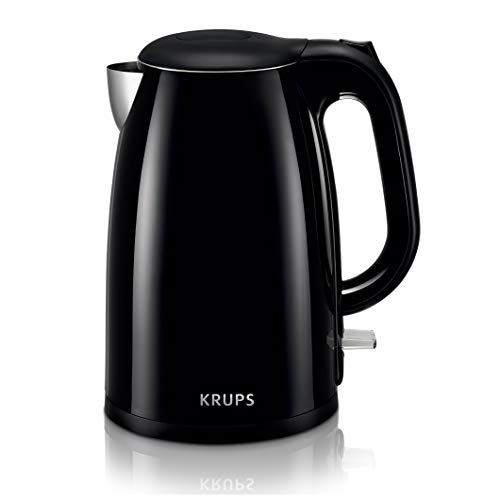 Krups Cool Touch Plastic and Stainless Steel Electric Kettle 1.5 Liter 1500 Watts Double Wall, Fast Boiling, Auto Off, Keep Warm, Cordless Black