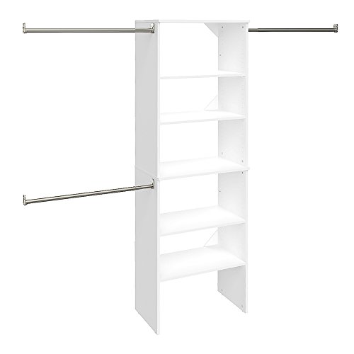 ClosetMaid SuiteSymphony Wood Closet Organizer Starter Kit Tower and 3 Hang Rods, Shelves, Adjustable, Fits Spaces 5 – 10 ft. Wide, Pure White, 25