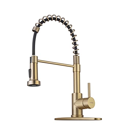 WEWE Brushed Gold Kitchen Faucet with Pull Down Sprayer, RV Brass Kitchen Faucet Stainless Steel Single Handle Spring Faucet with Deck Plate for Farmhouse Utility bar Laundry Sinks
