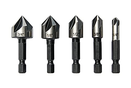 wesleydrill 5 pcs Countersink Drill Bit Set,82 Degree Counter Sink, Fit for Sink Holes into Most Machinable Metals, Plywood, Softwood, Hardwood, Fiberglass Plastic, Mild Steel