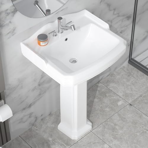 HOMLYLINK Pedestal Sink 23 x 19.5 Inch Bathroom Pedestal Sink Ceramic Pedestal Sink For Bathroom Glossy White Pedestal Sink Bath Pedestal Sink Combo,with 1 Overflow Hole & 3 Faucet Hole