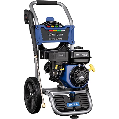 Westinghouse WPX3400 Gas Pressure Washer, 3400 PSI and 2.6 Max GPM, Onboard Soap Tank, Spray Gun and Wand, 5 Nozzle Set, for Cars/Fences/Driveways/Homes/Patios/Furniture