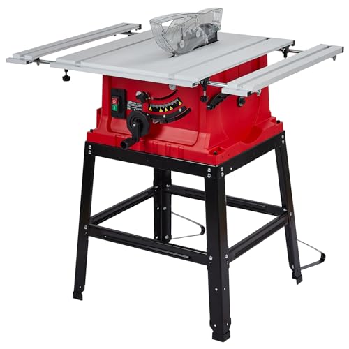 Table Saw, 10 Inch 15A Multifunctional Saw with Stand & Push Stick for Jobside, 90° Cross Cut & 0-45° Bevel Cut, Cutting Speed Up to 5000RPM, Adjustable Blade Height, Ideal for Woodworking