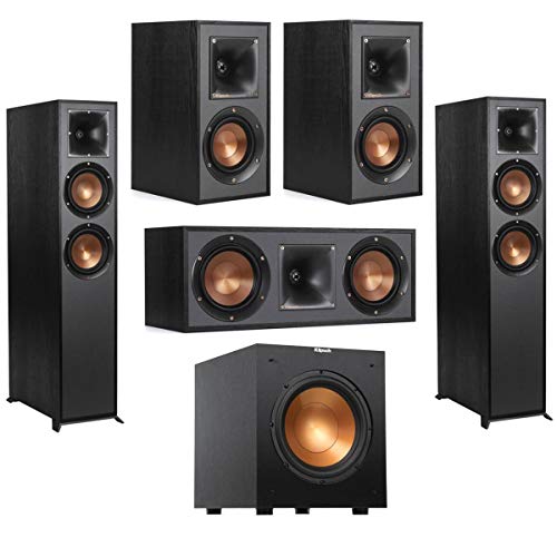 Klipsch Reference R-625FA 5.1 Home Theater Pack, Black, Pair, Bundle with 2X R-41M Bookshelf Speakers, R-52C Center Speaker, R-100SW 10