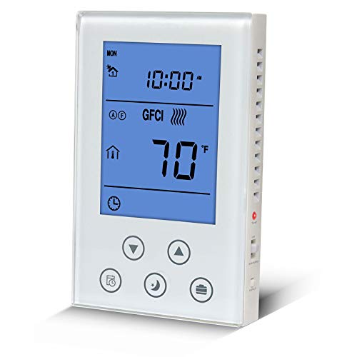 Programmable Thermostat for Radiant Underfloor Heating, Dual-Voltage(120/240v), Dual Sensing(Air and Floor Sensor) Built-in Class A GFCI White