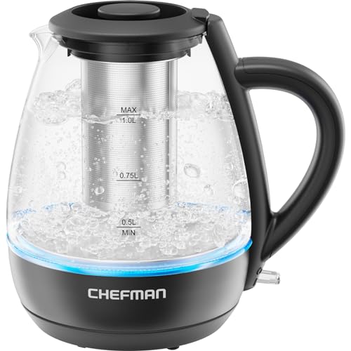Chefman Electric Kettle with Tea Infuser, 1L 1500W, Removable Lid for Easy Cleaning, Boil-Dry Protection, Stainless Steel Filter, BPA Free, Auto Shut Off Hot Water Boiler, Small Electric Tea Kettle