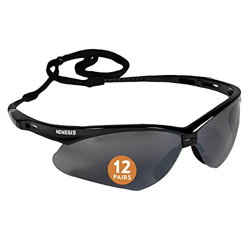 KleenGuard™ V30 Nemesis™ Safety Glasses (25688), with Mirror Coating, Smoke Lenses, Black Frame, Unisex Sunglasses for Men and Women (Qty 12)