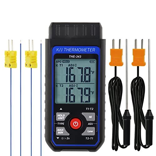 Thermocouple Thermometer Digital K Type Thermometer with 4 Thermocouples, -328~2500℉ Measuring Range HVAC Thermometer Dual Channels Temperature Meter Gauge with LED Backlight & ADJ Compensation