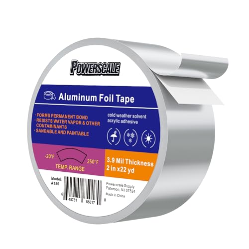 PowerScale Aluminum Tape 2 Inch x 66 Feet(22YD) 3.9 Mil| High Temperature Aluminum Foil Tape | Duct Tape for HVAC, Metal Repair, Cold Air Ductwork | Reflective Foil Tape, Silver
