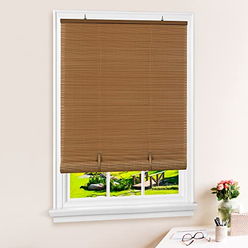 Cordless Solstice Vinyl Roll-Up Blind - 30 Inch Width, 72 Inch Length, Quarter Inch Vinyl Slats - Woodtone - Soft Light Filtering Horizontal Windows Blinds for Indoor & Ourdoor by Achim Home Decor