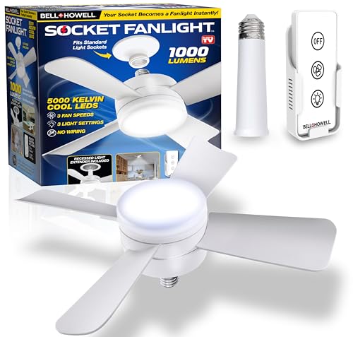 Socket Fan Light Original - Cool Light LED – Ceiling Fans with Lights and Remote Control, Replacement for Lightbulb - Bedroom, Kitchen, Living Room,1000 Lumens / 5000 Kelvins As Seen On TV