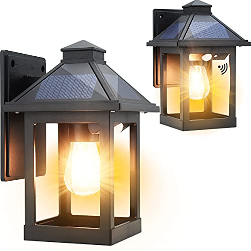 CYHKEE 2 Pack Solar Wall Lanterns Outdoor with 3 Modes, Dusk to Dawn Motion Sensor LED Sconce Lights IP65 Waterproof, Exterior Front Porch Security Lamps Wall Mount Patio Fence Garage Decorative