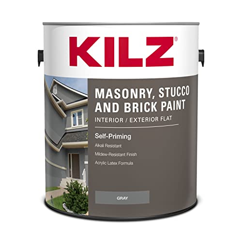 KILZ Self-Priming Masonry, Stucco and Brick Paint, Interior/Exterior, Flat, Gray, 1 Gallon