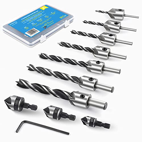 amoolo 10-Pack Countersink Drill Bit Set with 1 Free Hex Key Wrench, 7 Pcs High Carbon Steel Countersink Drill Bits for Wood, 3 Pcs Hex Shank Wood Countersink Bits (1/2