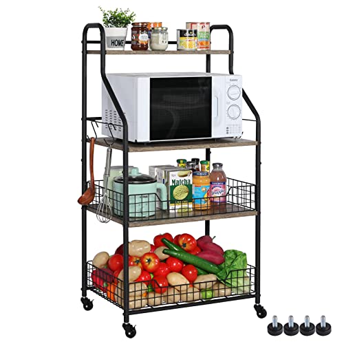 Bakers Racks For Kitchens With Storage 5 S Hooks 4 Tier Rolling Microwave Cart Stand Coffee Bar Table Station With Shelves Wire Basket Kitchen Organization Shelf Rack For Fruit Vegetable Spice