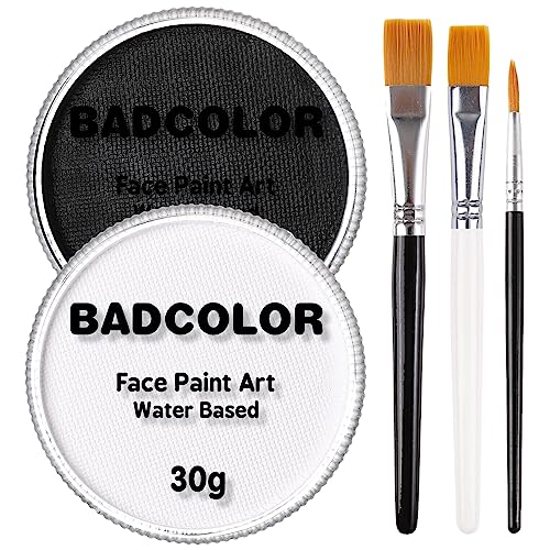 Black & Clown White Face Body Paint with 3Pcs Painting Brushes Set, Water Based SFX Makeup Palette for Kids & Adults, Non-Toxic Facepaint for Halloween, Cosplay, Costume & Theater