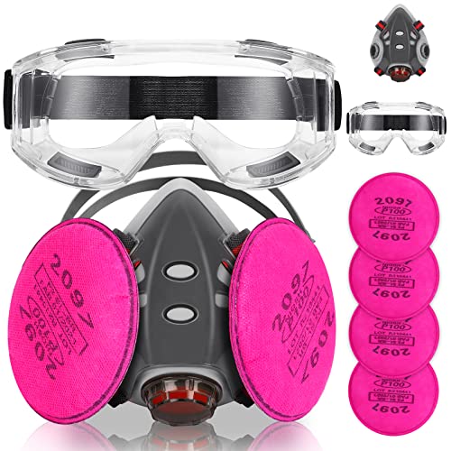 Respirator Mask, Reusable Gas Mask with Safety Glasses and 4Pcs 2097 Filters, Half Face Cover Against Organic Vapor/Dust/Chemical/Particle/Asbestos Perfect for Spray Paint, Painting, Sanding Work