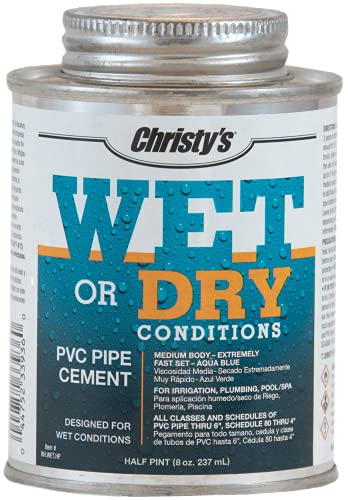 Christy's Wet Or Dry Conditions PVC Cement - Medium Body, Extremely Fast Set, Low-VOC, Aqua Blue, 1/2 Pint (8 fl oz)