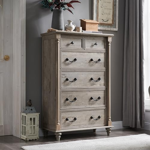 T4TREAM Farmhouse 6 Drawers Dresser Chests for Bedroom w/4 Solid Wood Feet & Column Decor, Tall Wood Country Rustic Chest of Drawers, Storage Dressers for Bedroom, Living Room, Light Rustic Oak