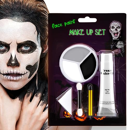 Beteligir Black White Face Paint Body Painting Clown Makeup Kit,Black White Red Face Body Paint with Brush,Professional Face Paint for SFX Halloween Cosplay Makeup