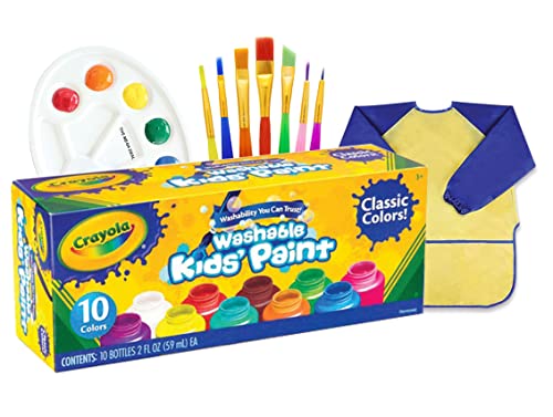Washable Kids Paint Set 10 ct, 7 Paint Brushes for Kids, Paint Pallet, Toddler Smock – Washable Paint for Kids, Kids Paint Supplies Washable Paint