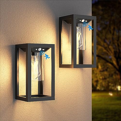 APONUO Solar Outdoor Wall Lights with 3 Lighting Modes, Solar Porch Lights Motion Sensor Waterproof Wall Lanterns, Wireless Dusk to Dawn Solar Sconce Lights for Porch, Garage, Patio, Yard (2 Packs)