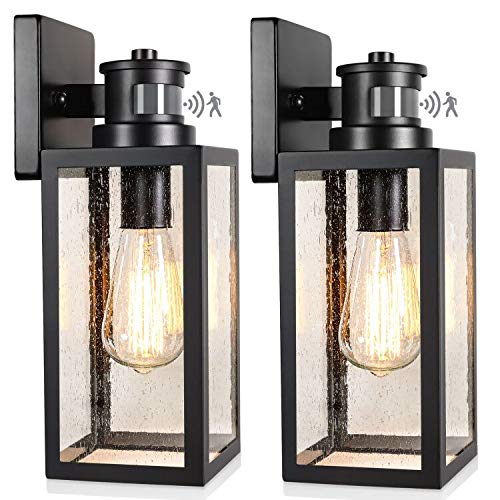 2-Pack Motion Sensor Outdoor Wall Lanterns, Upgrade Dusk to Dawn Sconce, Waterproof Porch Light Fixtures Wall Mount with Seeded Glass for Entryway Doorway Garage, E26 Socket, PIR Motion Activated