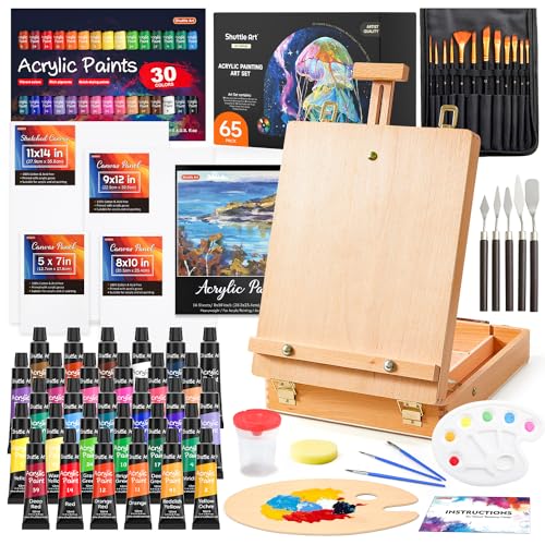 65 Pack Acrylic Paint Set, Shuttle Art Acrylic Painting Set with Wooden Easel, 30 Colors Acrylic Paint, Painting Canvas, Paint Brushes, Palettes, Art Painting Supplies for Kids Adults Beginner Artists