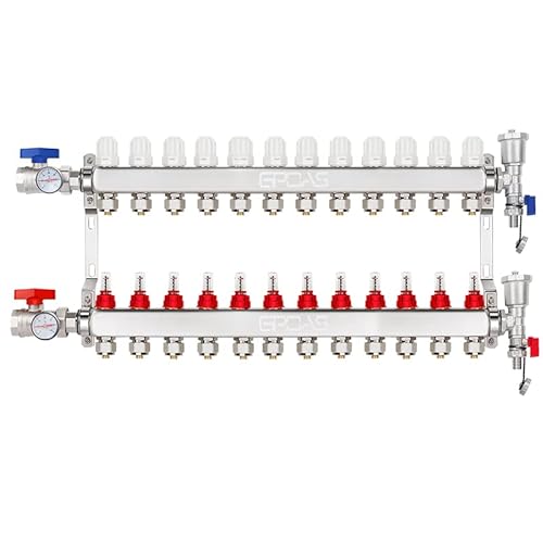 12-Loop Radiant Floor Heating Manifold PEX Tubing Radiant Heat Manifolds with 304 Stainless Steel for 1/2