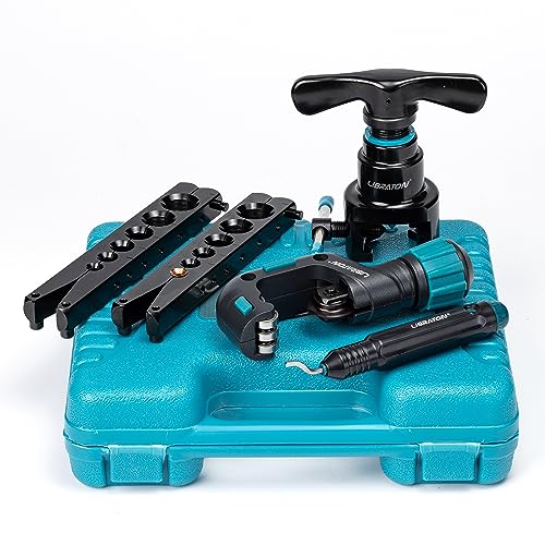 LIBRATON Flaring Tool, HVAC Flaring Tool Kit, Copper Flaring Tool, 45° Eccentric Single Flare Tool for 1/4''-3/4'' and 6-19mm with Pipe Cutter, Deburring Tool for Copper Aluminum Pipe