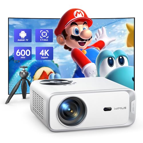 【Electric Focus & Android TV】Projector 4k with WiFi and Bluetooth, WiMiUS Full HD 1080P 600ANSI Home Theater Movie Projector 4k+, 4P/Auto Vertical Keystone 50% Zoom 300“ Portable Outdoor Projector