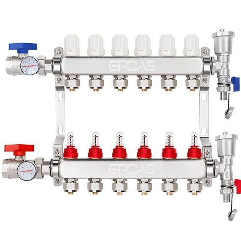 6-Loops Radiant Floor Heating Manifold Pex Pipe Radiant Heat Floor Manifold 304 Stainless Steel for 1/2