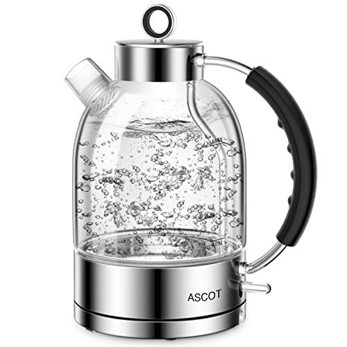 ASCOT Electric Kettle, Glass Electric Tea Kettle Gifts for Men/Women/Family 1.5L 1500W Borosilicate Glass Tea Heater, with Auto Shut-Off and Boil-Dry Protection (Silver)