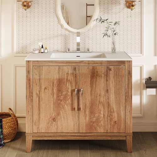 LUXOAK 39” Bathroom Vanity with Sink Combo, Single Sink Bathroom Vanity with High Gloss Wood Grain, Farmhouse Bathroom Vanity with Storage, Yellow Oak