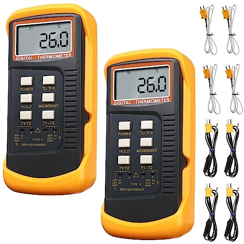 2 Pcs Digital 2 Channels K Type Thermometer with 8 Thermocouples (Wire and Stainless Steel) -50~1300°c (-58~2372°f) Dual Measurement Meter Sensor Handheld HVAC Thermometer High Temperature Pyrometer