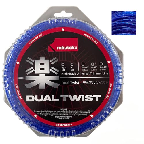 rakutaku 105 Trimmer Line, 0.105” by 312 ft String Trimmer Line Premium Twisted High Efficiency Long Life Nylon Universal Commercial Heavy-Duty Line in Spool, Blue, Dual Twist, 1 Pound