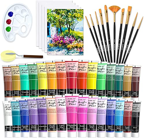 Shuttle Art 48 Pack Acrylic Paint Set, 30 Colors Acrylic Paint (36ml) with 10 Brushes 5 Canvas 1 Paint Knife 1 Palette 1 Art Sponge, Complete Set for Kids, Adults Painting on Canvas Rocks Wood Ceramic